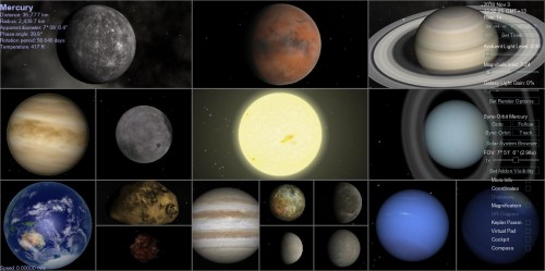 From top left to top right, middle left to middle right, and bottom left to bottom right:
Mercury, Mars, Saturn, Venus, the Moon, the Sun, Uranus, Earth, Apophis (yellow), Duende (red), Jupiter, Io, Europa, Ganymede, Gallisto, Neptune, and Planet Nine.